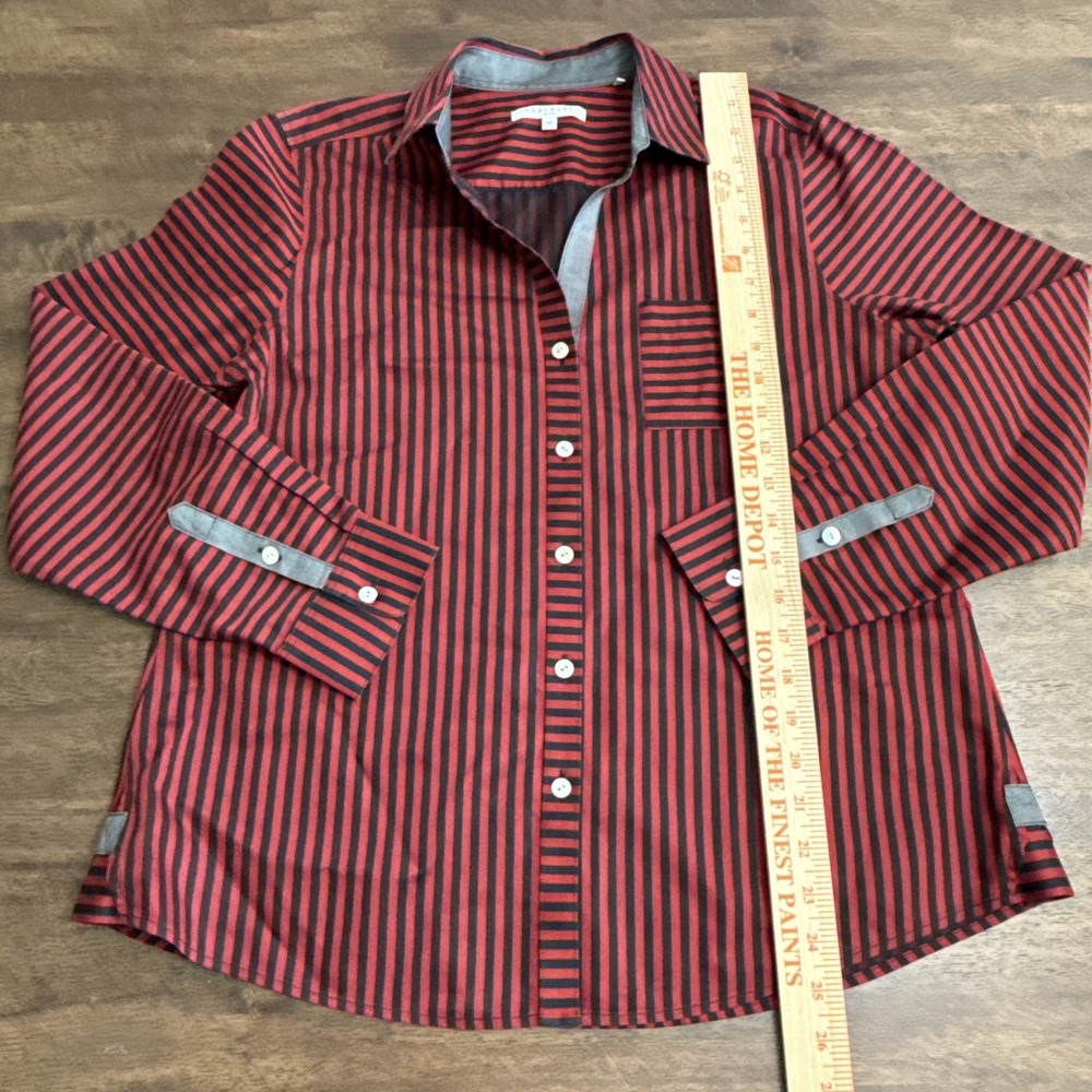 Foxcroft Top Womens 14P Red Black Striped Button Down Up Shirt Non Iron - Picture 6 of 7
